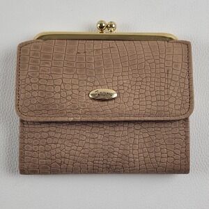 Vintage John Weitz Leather Wallet Taupe Brown Croc Embossed Kiss Lock Billfold